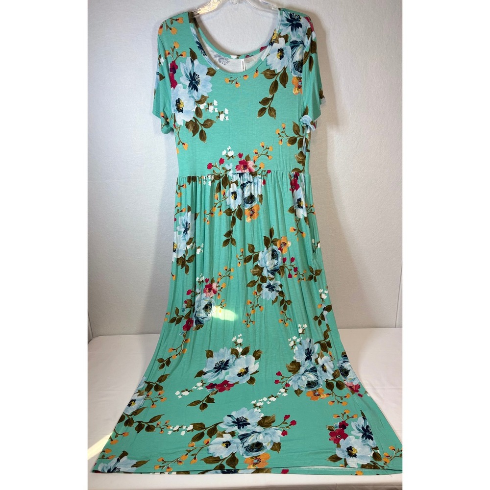Longyuan Floral Maxi Dress Mint Green Teal Short Sleeve Pocket Gown XL